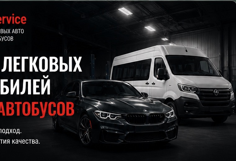Легковой автомобиль и микроавтобус в темном автосервисе